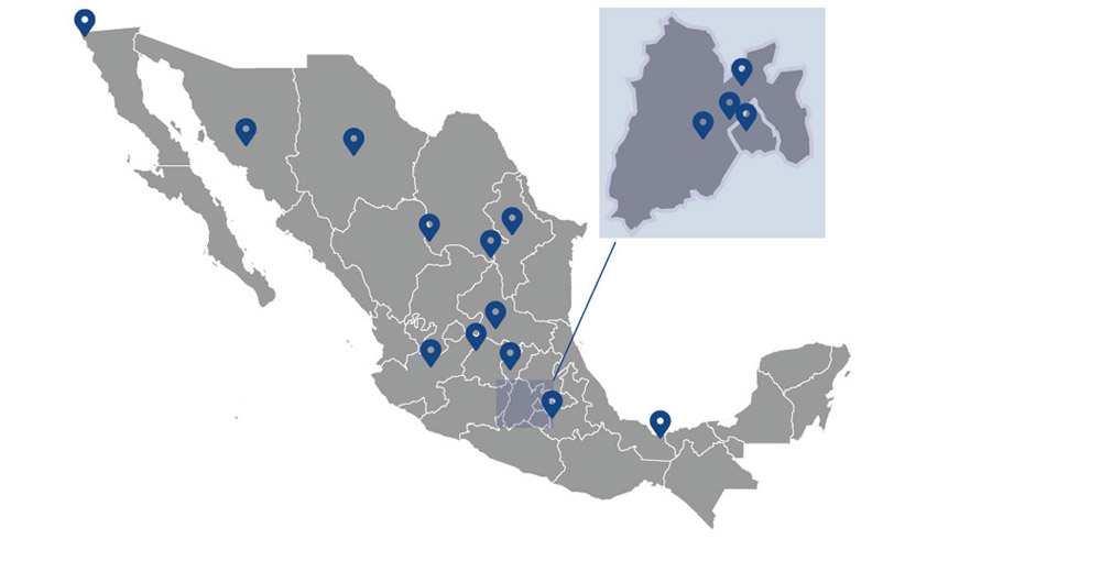 Karte mit den Standorten der Freudenberg-NOK Sealing Technologies Mexico-Filialen